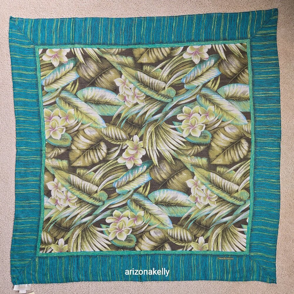 NWT Silk Scarf Hand Rolled Crepe Tropical Leaves Green Dana Buchman